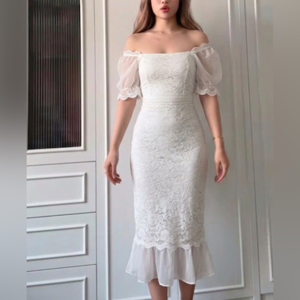 Off-Shoulder White Lace Midi Dress with Sheer Puff Sleeves